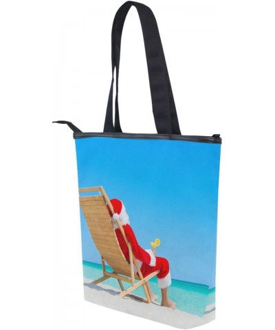 Tote Bag Funny Christmas Santa Claus Beach Canvas Zippered Tote Handbag for Women with 2 Interior Pockets $13.56 Totes