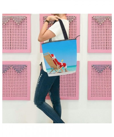 Tote Bag Funny Christmas Santa Claus Beach Canvas Zippered Tote Handbag for Women with 2 Interior Pockets $13.56 Totes