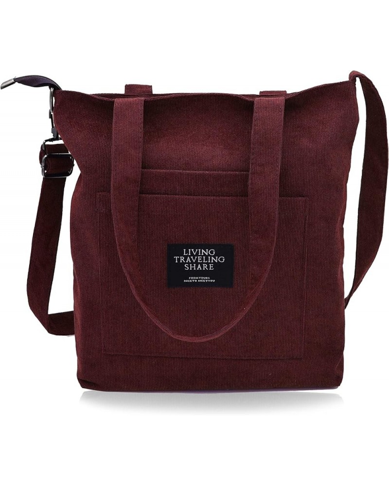 Corduroy Bag Casual And Fashionable Corduroy Student Shoulder Bag Women's Crossbody Bag Wine $8.69 Totes