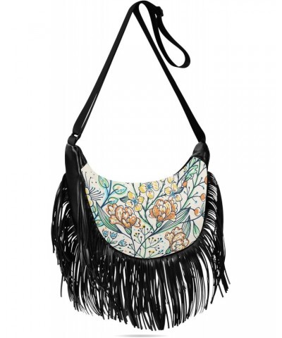 Floral Tassel Crossbody Bag Yellow Green Spring Flower Leaves Women Fringe Boho Handbag Hippie Purse Vintage Bohemian Shoulde...