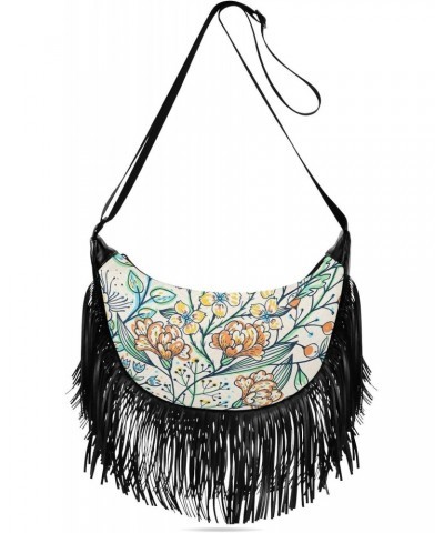 Floral Tassel Crossbody Bag Yellow Green Spring Flower Leaves Women Fringe Boho Handbag Hippie Purse Vintage Bohemian Shoulde...