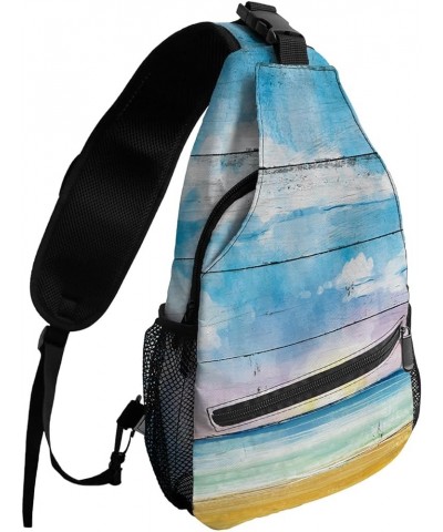 Sling Bag Crossbody Bag for Women Men Beach Ocean Bule Sky White Clouds Watercolor Wood Grain Waterproof Hiking Backpack Ligh...