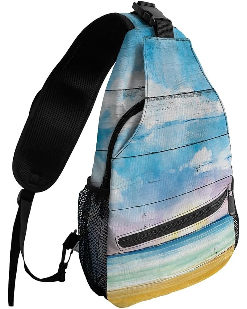 Sling Bag Crossbody Bag for Women Men Beach Ocean Bule Sky White Clouds Watercolor Wood Grain Waterproof Hiking Backpack Ligh...