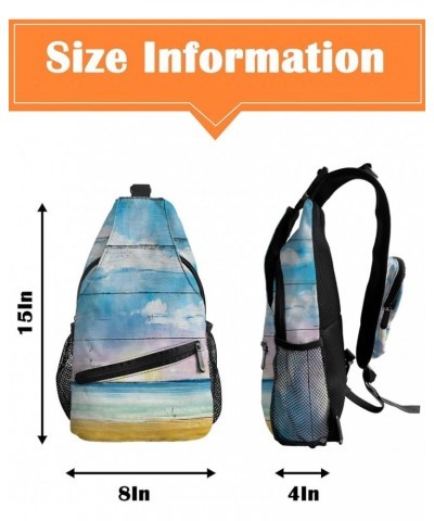 Sling Bag Crossbody Bag for Women Men Beach Ocean Bule Sky White Clouds Watercolor Wood Grain Waterproof Hiking Backpack Ligh...