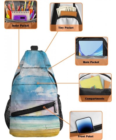 Sling Bag Crossbody Bag for Women Men Beach Ocean Bule Sky White Clouds Watercolor Wood Grain Waterproof Hiking Backpack Ligh...