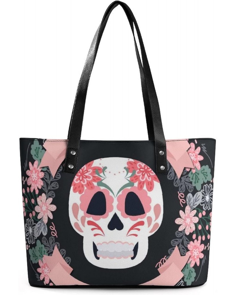 Womens Handbag Skull Flowers Leather Tote Bag Top Handle Satchel Bags For Lady $18.54 Totes