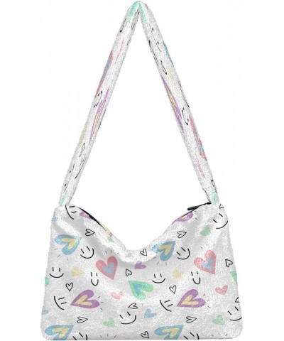 Floral Printed Colorful Purse Shoulder Bag, Furry Tote Crossbody Hobo Handbags Sweet Heart Smile Colorful $9.24 Totes