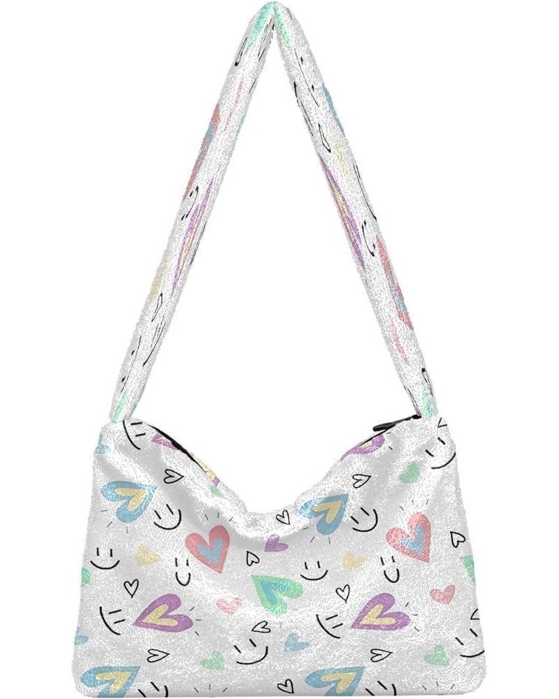 Floral Printed Colorful Purse Shoulder Bag, Furry Tote Crossbody Hobo Handbags Sweet Heart Smile Colorful $9.24 Totes