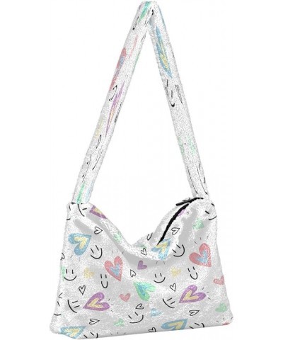 Floral Printed Colorful Purse Shoulder Bag, Furry Tote Crossbody Hobo Handbags Sweet Heart Smile Colorful $9.24 Totes