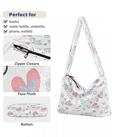 Floral Printed Colorful Purse Shoulder Bag, Furry Tote Crossbody Hobo Handbags Sweet Heart Smile Colorful $9.24 Totes