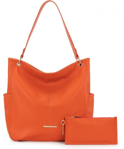 Stone Washed Leather Hobo Purses for Women Soft Top Handle Shoulder Bag with Wallet 2PCS Set B-orange $13.60 Hobo Bags