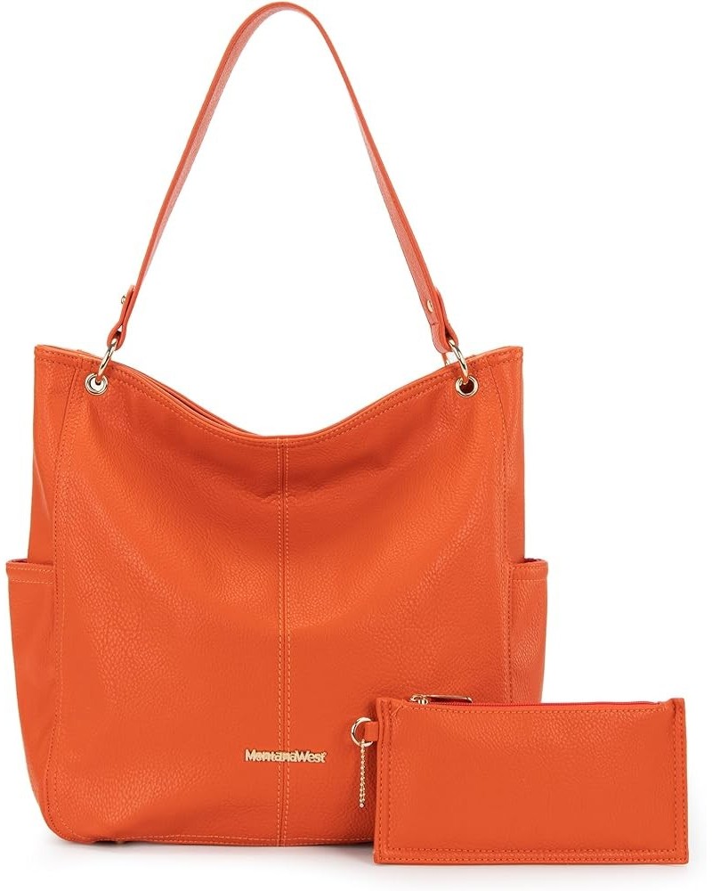 Stone Washed Leather Hobo Purses for Women Soft Top Handle Shoulder Bag with Wallet 2PCS Set B-orange $13.60 Hobo Bags