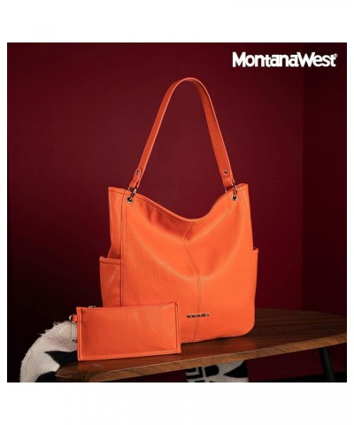 Stone Washed Leather Hobo Purses for Women Soft Top Handle Shoulder Bag with Wallet 2PCS Set B-orange $13.60 Hobo Bags