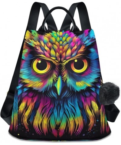 Cartoon Rainbow Hair Mermaid Anti Theft Backpack Purse for Women Fashion Travel Bags with Pompom Colorful Owl Head on Black 1...