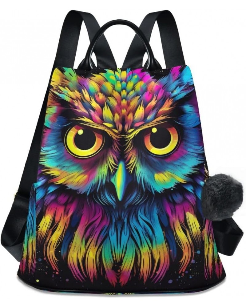 Cartoon Rainbow Hair Mermaid Anti Theft Backpack Purse for Women Fashion Travel Bags with Pompom Colorful Owl Head on Black 1...