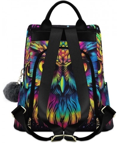 Cartoon Rainbow Hair Mermaid Anti Theft Backpack Purse for Women Fashion Travel Bags with Pompom Colorful Owl Head on Black 1...