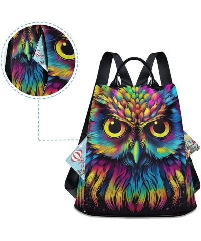 Cartoon Rainbow Hair Mermaid Anti Theft Backpack Purse for Women Fashion Travel Bags with Pompom Colorful Owl Head on Black 1...