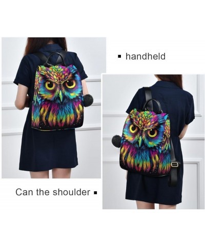 Cartoon Rainbow Hair Mermaid Anti Theft Backpack Purse for Women Fashion Travel Bags with Pompom Colorful Owl Head on Black 1...