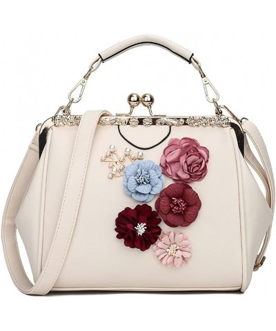 Women Handbag with Flowers Metal Clip Buckle Handbag PU Leather Shoulder Bag Messenger Bag Beige $20.27 Shoulder Bags