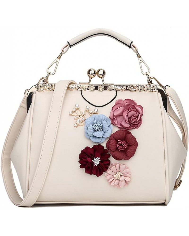 Women Handbag with Flowers Metal Clip Buckle Handbag PU Leather Shoulder Bag Messenger Bag Beige $20.27 Shoulder Bags