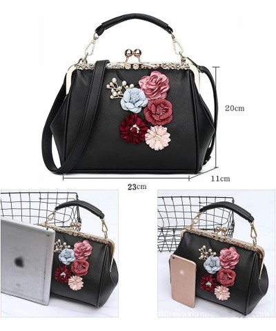 Women Handbag with Flowers Metal Clip Buckle Handbag PU Leather Shoulder Bag Messenger Bag Beige $20.27 Shoulder Bags