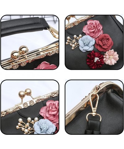 Women Handbag with Flowers Metal Clip Buckle Handbag PU Leather Shoulder Bag Messenger Bag Beige $20.27 Shoulder Bags