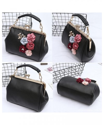 Women Handbag with Flowers Metal Clip Buckle Handbag PU Leather Shoulder Bag Messenger Bag Beige $20.27 Shoulder Bags