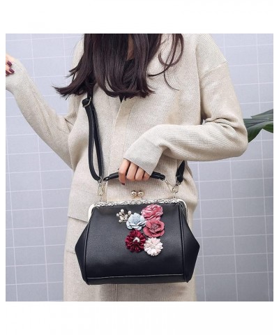 Women Handbag with Flowers Metal Clip Buckle Handbag PU Leather Shoulder Bag Messenger Bag Beige $20.27 Shoulder Bags