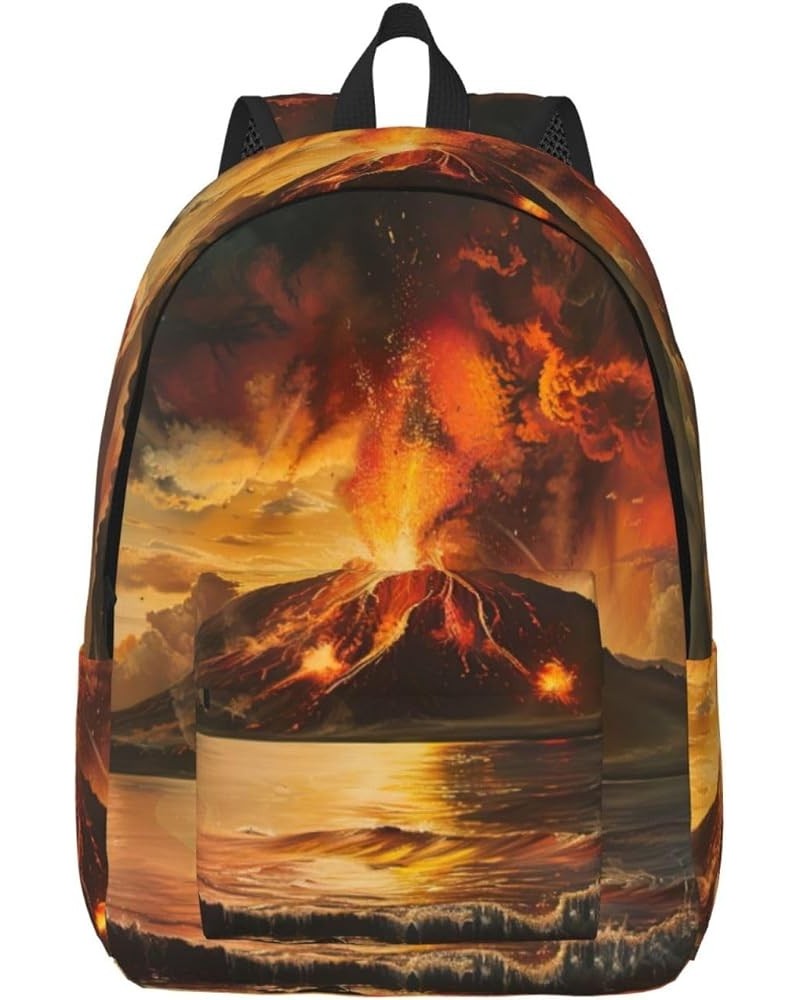 Volcano Print Unisex Canvas Bag Canvas Shoulder Pouch Pack Lightweight Backpack For Woman Lady Black Small $22.43 Backpacks