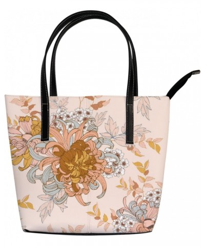 Pink Floral Pattern Chrysanthemums Tote Bag for Women Leather Handbags Women's Crossbody Handbags Work Tote Bags for Women Co...