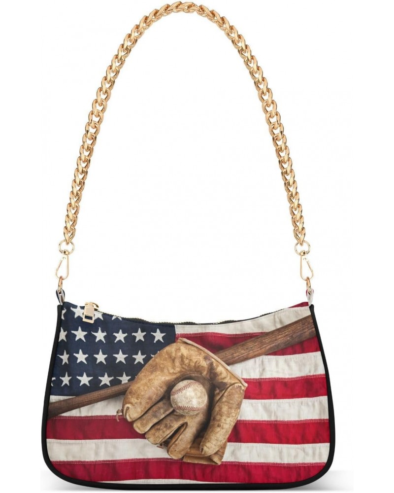 Vintage Baseball Bat American Flag Shoulder Bag for Women Clutch Shoulder Purse Chain Bag with Zipper Closure Women's Tote Ho...