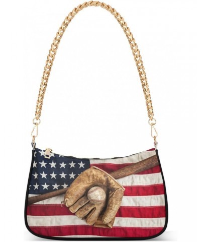 Vintage Baseball Bat American Flag Shoulder Bag for Women Clutch Shoulder Purse Chain Bag with Zipper Closure Women's Tote Ho...