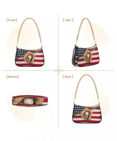 Vintage Baseball Bat American Flag Shoulder Bag for Women Clutch Shoulder Purse Chain Bag with Zipper Closure Women's Tote Ho...