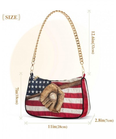 Vintage Baseball Bat American Flag Shoulder Bag for Women Clutch Shoulder Purse Chain Bag with Zipper Closure Women's Tote Ho...