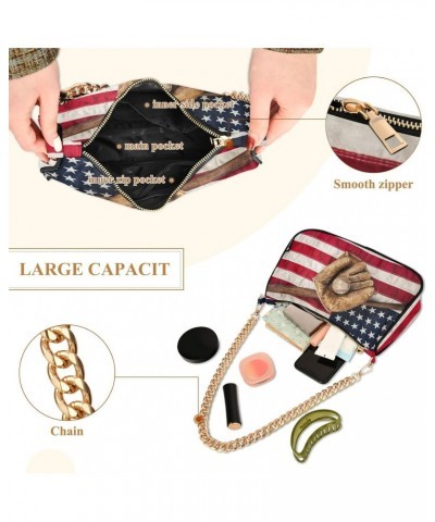 Vintage Baseball Bat American Flag Shoulder Bag for Women Clutch Shoulder Purse Chain Bag with Zipper Closure Women's Tote Ho...