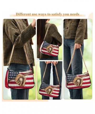 Vintage Baseball Bat American Flag Shoulder Bag for Women Clutch Shoulder Purse Chain Bag with Zipper Closure Women's Tote Ho...