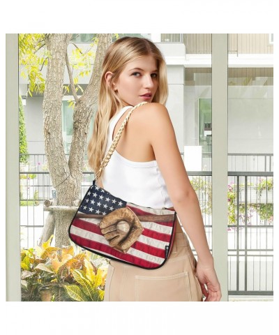 Vintage Baseball Bat American Flag Shoulder Bag for Women Clutch Shoulder Purse Chain Bag with Zipper Closure Women's Tote Ho...