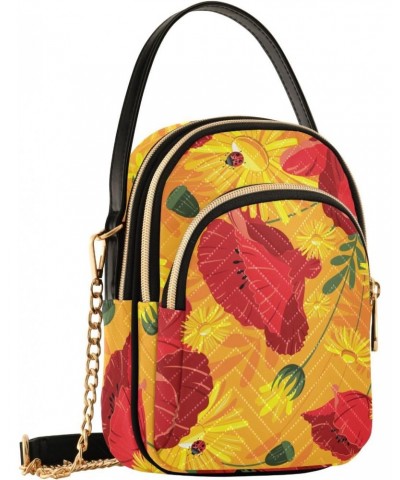 Women Crossbody Handbag Pattern with with Poppies and Daisies Quilted Chain Bag $15.33 Crossbody Bags