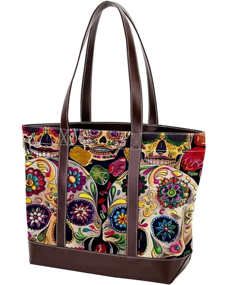 Tote Bag, Large Tote Bag, Tote Bag with Zipper, Skull and Flower Rose Vintage Cool, Womens Tote Bags for Work Design 3100 $23...