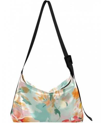 Floral Flowers Teal Hobo Shoulder Bag for Women Men PU Leather Crossbody Bag Slouchy Tote Handbags for Shopping Traveling Wor...