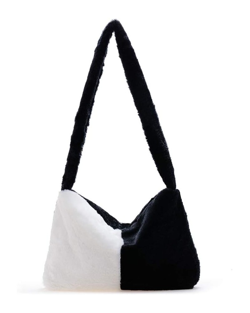 Fashion Animal Pattern Shoulder Underarm Bag Women Plush Top-handle Handbag Black and White $9.75 Handbags