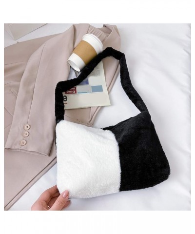 Fashion Animal Pattern Shoulder Underarm Bag Women Plush Top-handle Handbag Black and White $9.75 Handbags