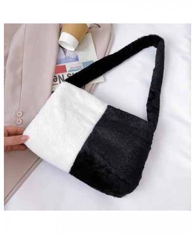 Fashion Animal Pattern Shoulder Underarm Bag Women Plush Top-handle Handbag Black and White $9.75 Handbags