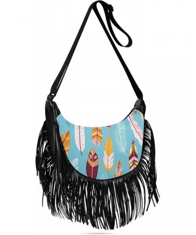 Boho Animal Feathers Fringe Bag for Women Cross Body Bag Tassel Shoulder Bag Satchel $15.38 Shoulder Bags