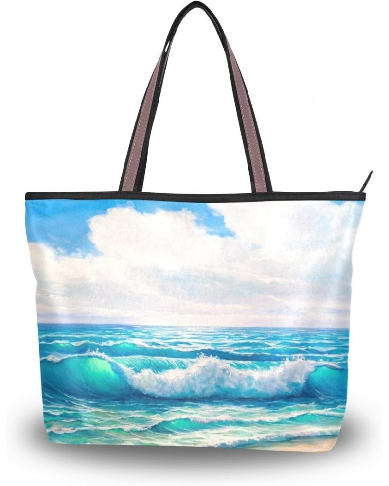 My Daily Women Tote Shoulder Bag Sea And Wave With Blue Sky Painting Handbag Medium $13.76 Shoulder Bags