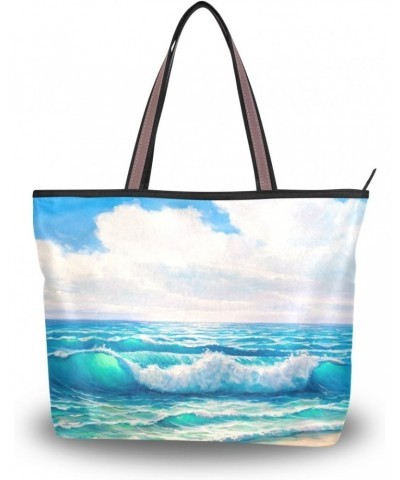 My Daily Women Tote Shoulder Bag Sea And Wave With Blue Sky Painting Handbag Medium $13.76 Shoulder Bags