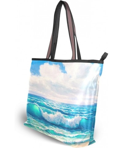 My Daily Women Tote Shoulder Bag Sea And Wave With Blue Sky Painting Handbag Medium $13.76 Shoulder Bags