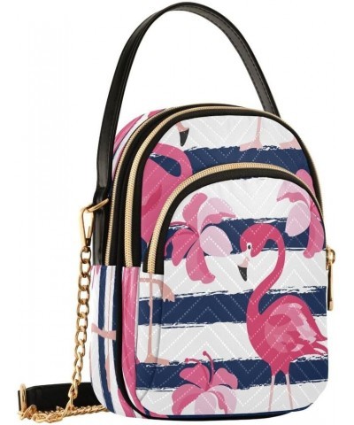 Blue Striped Blossom Flamingo Crossbody Bag Small Shoulder Handbags Leather Purse for Women $10.40 Crossbody Bags