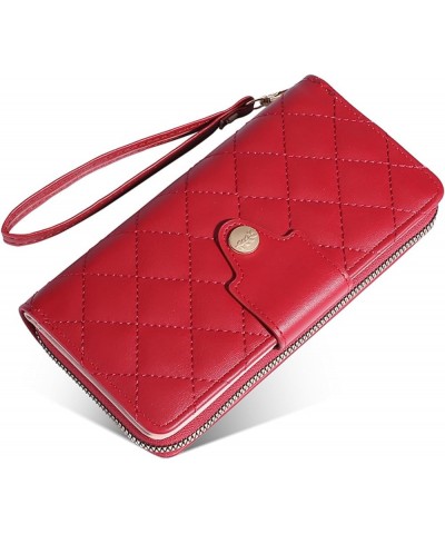 Women Wallet Long PU Leather with Zipper And Button Closure Card Slots Bracelet Coin Pouch (Black) Red $9.11 Wallets