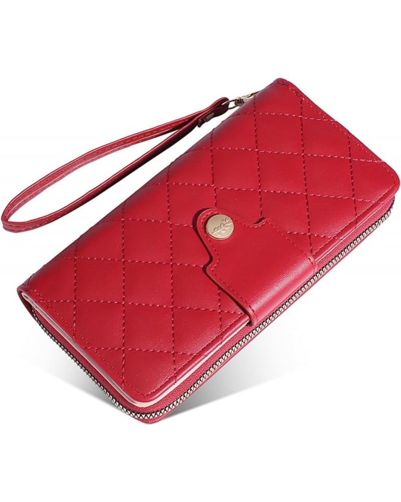 Women Wallet Long PU Leather with Zipper And Button Closure Card Slots Bracelet Coin Pouch (Black) Red $9.11 Wallets